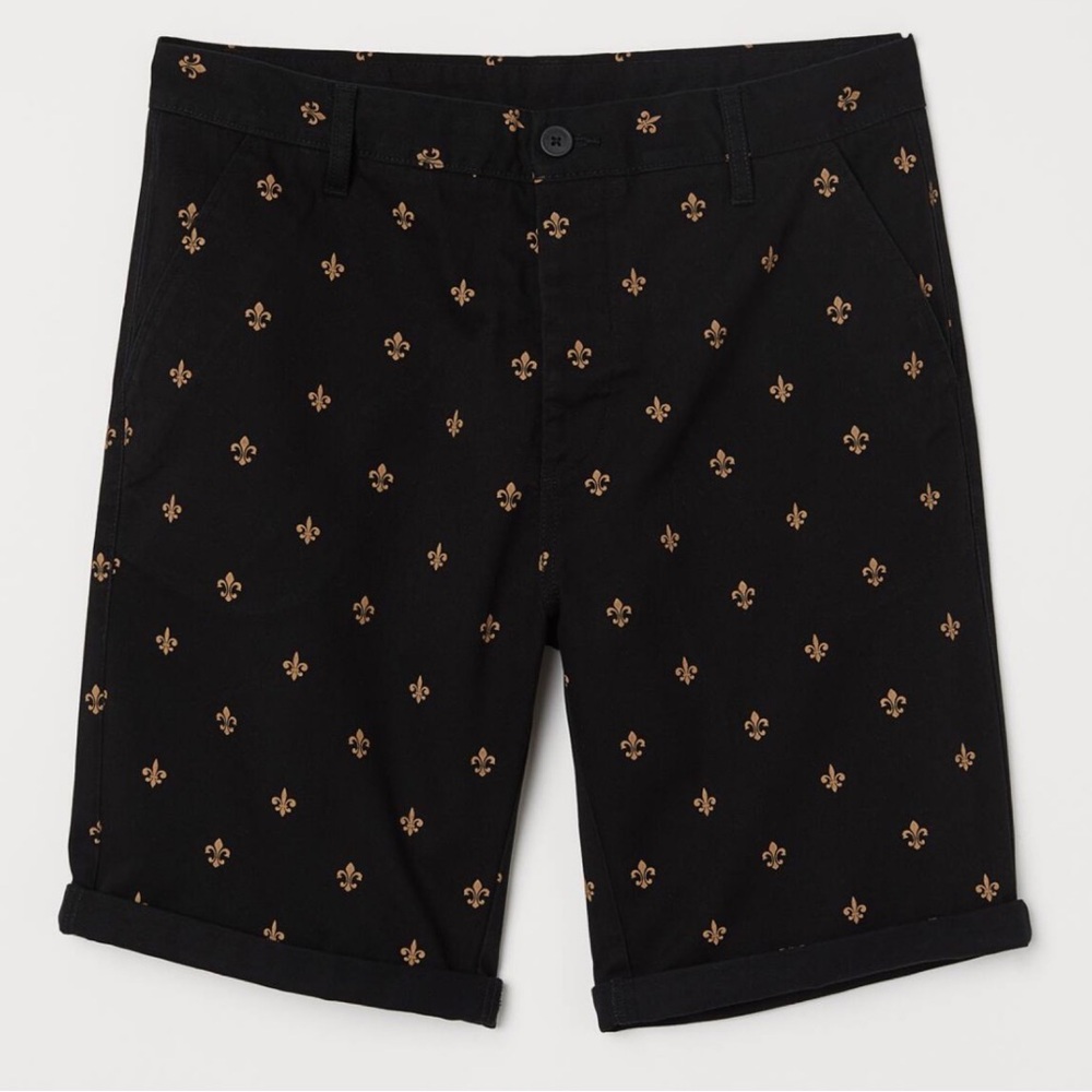 H&M Men Black Gold Fleur De Lis Preppy Old Money Cotton Twill Shorts Size 30 NWT
